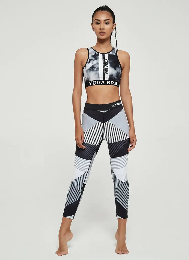 Women’s Yoga 2-Piece Set – Ink Wash Top, Sports Bra & Leggings Outfit