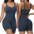 Women’s Scoop Neck Workout Romper – One-Piece Biker Short Jumpsuit with Cross-Back Straps & Sculpting Fit (Navy Blue S)