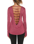 Women’s Backless Long Sleeve Workout Top – Ladder Strap Open Back Yoga Shirt (Rose Heather S)