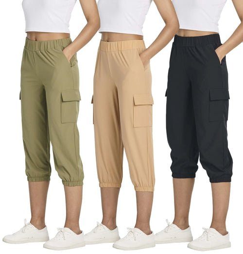 3 Pack Capri Pants Women Cargo Sweatpants Joggers Hiking Womens Capris Summer Pockets Golf Travel Waterproof Casual Cropped Pant UPF Pull On Jogger Stretch Camping Quick Dry Crop Workout Ladies Yoga