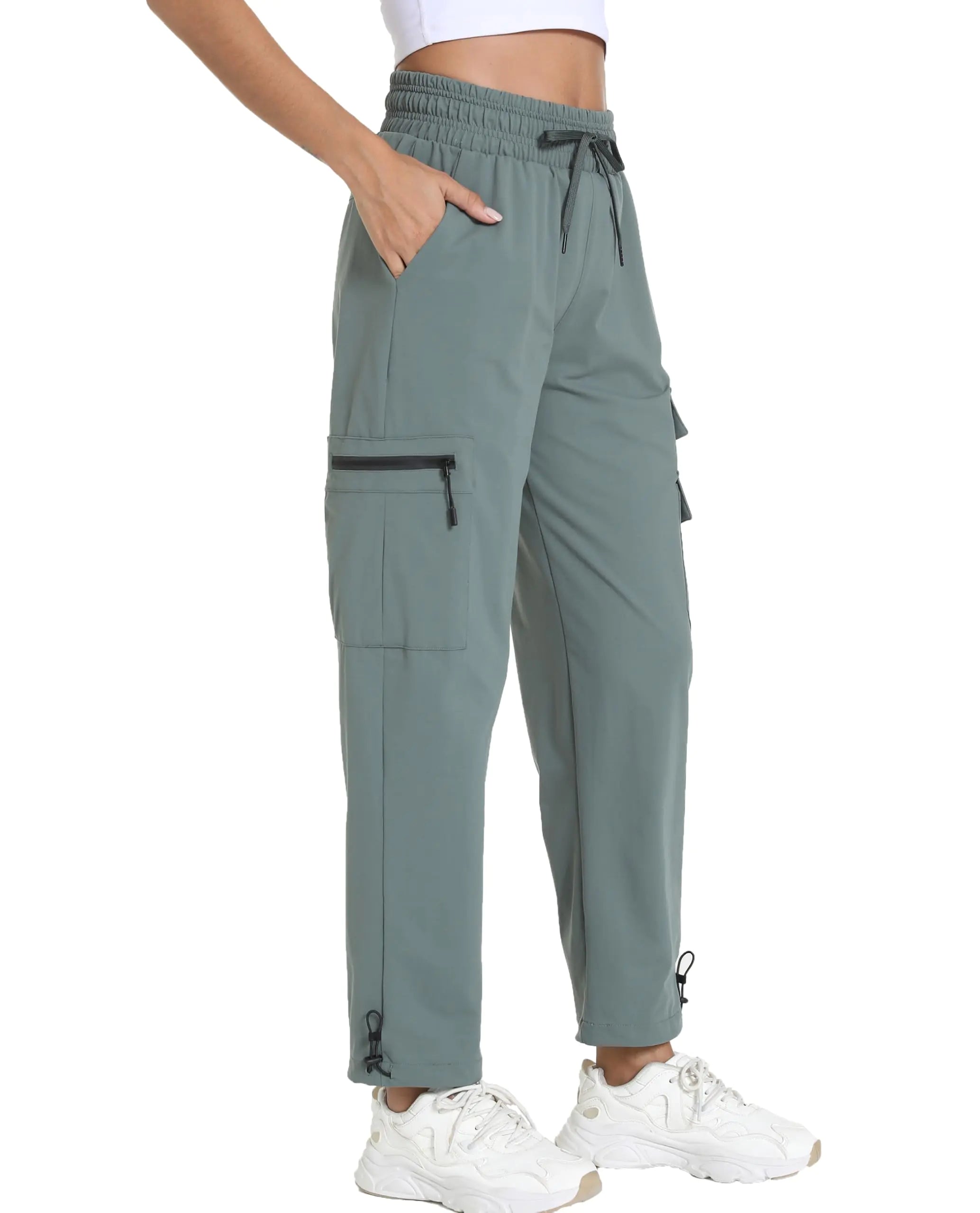 Women’s Quick-Dry Cargo Pants – Lightweight Hiking Joggers with Pockets for Workout, Outdoor & Casual Wear (Grey Green, XL)