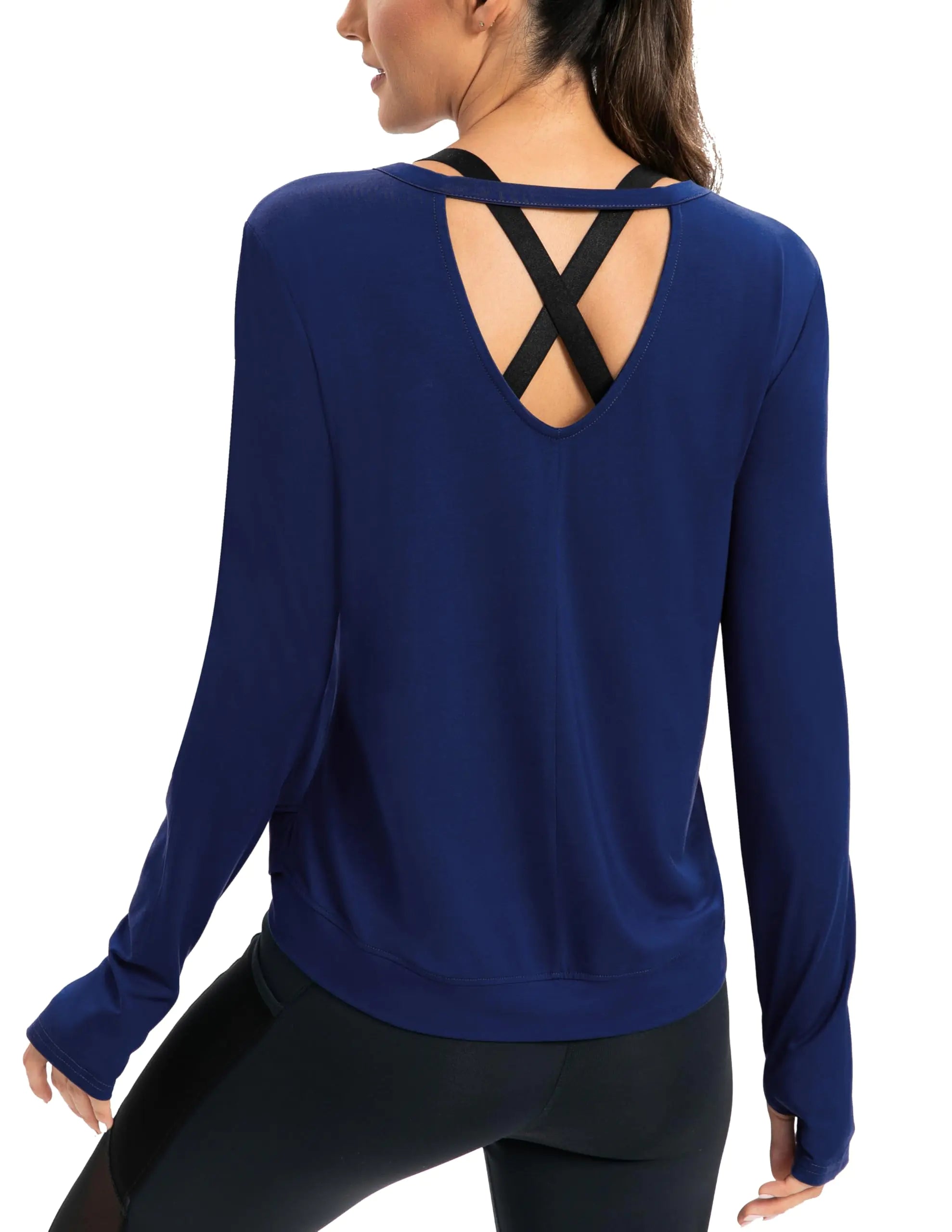 Women’s Open Back Yoga Top – Long Sleeve Workout Shirt with Thumb Holes (Navy S)