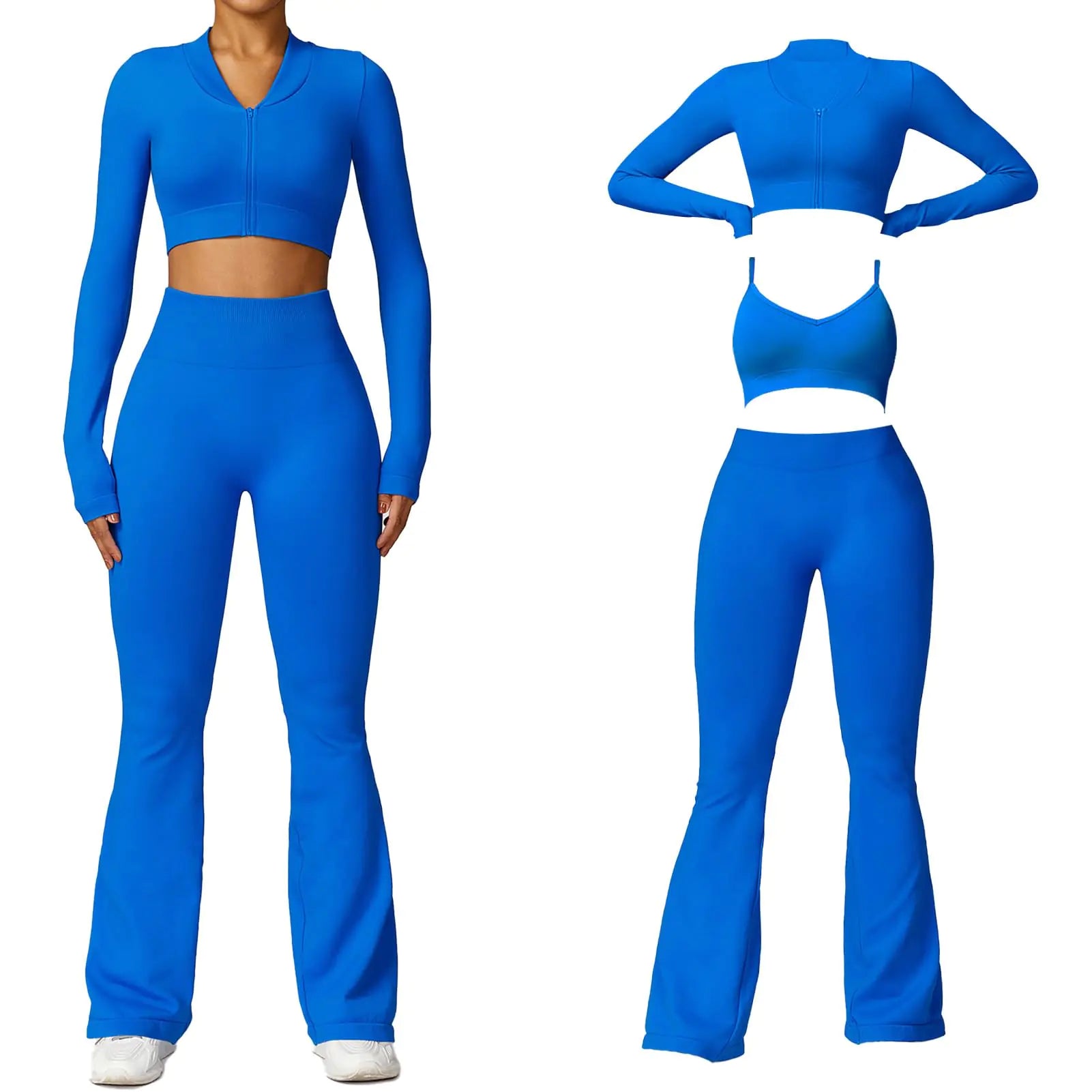 Seamless 3-Piece Activewear Set for Women – High Waist Flare Leggings + Sports Bra + Zip Up Jacket (Blue, S)