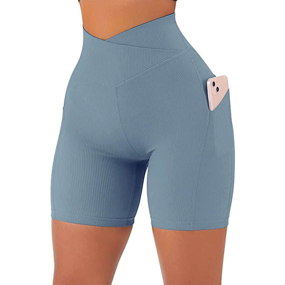 High Waist Crossover Active Shorts for Women – Gym Workout Shorts with Side Pockets