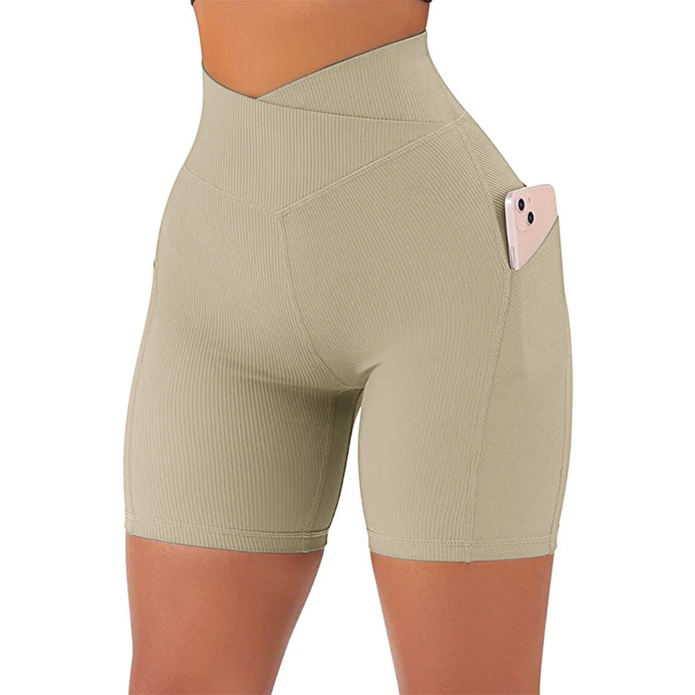 High Waist Crossover Active Shorts for Women – Gym Workout Shorts with Side Pockets