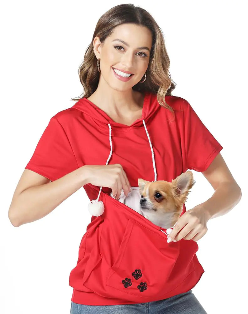 Women’s Pet Pouch Shirt – Short Sleeve Kangaroo Hoodie for Kitten & Puppy Holding, Lightweight Casual Top (Red)