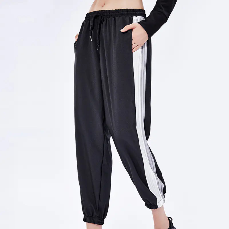 Women’s Color-Block Ruffled Sports Pants – Breathable Loose-Fit Yoga & Running Joggers with Elastic Ankle Cuffs