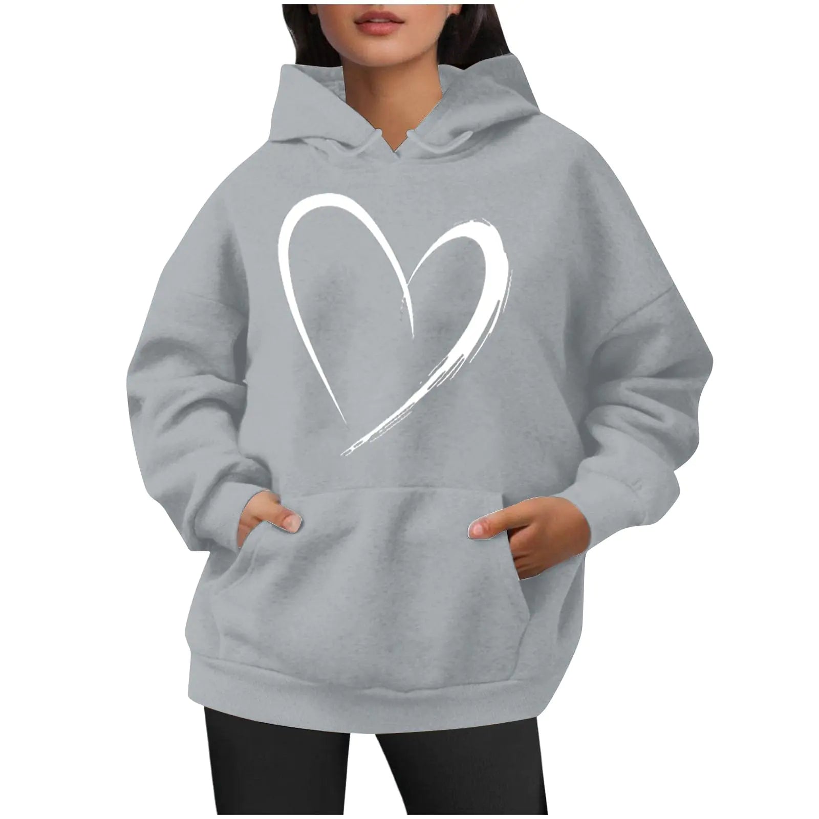 Small Women’s Oversized Graphic Hoodie – Casual Heart Print Pullover Sweatshirt with Drawstring Hood & Pocket