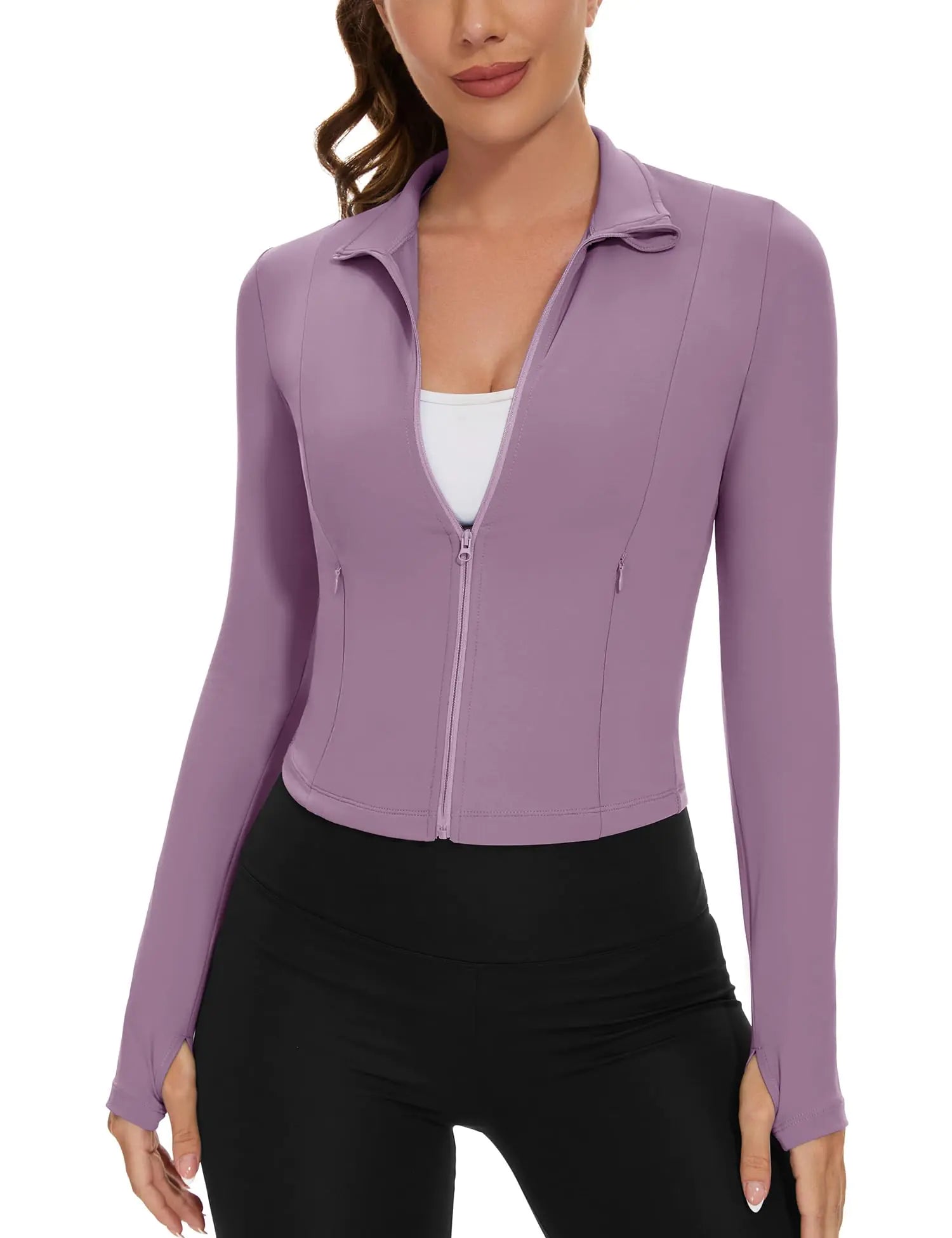 Women’s Cropped Zip-Up Workout Jacket – Slim Fit Lightweight Athletic Running Jacket