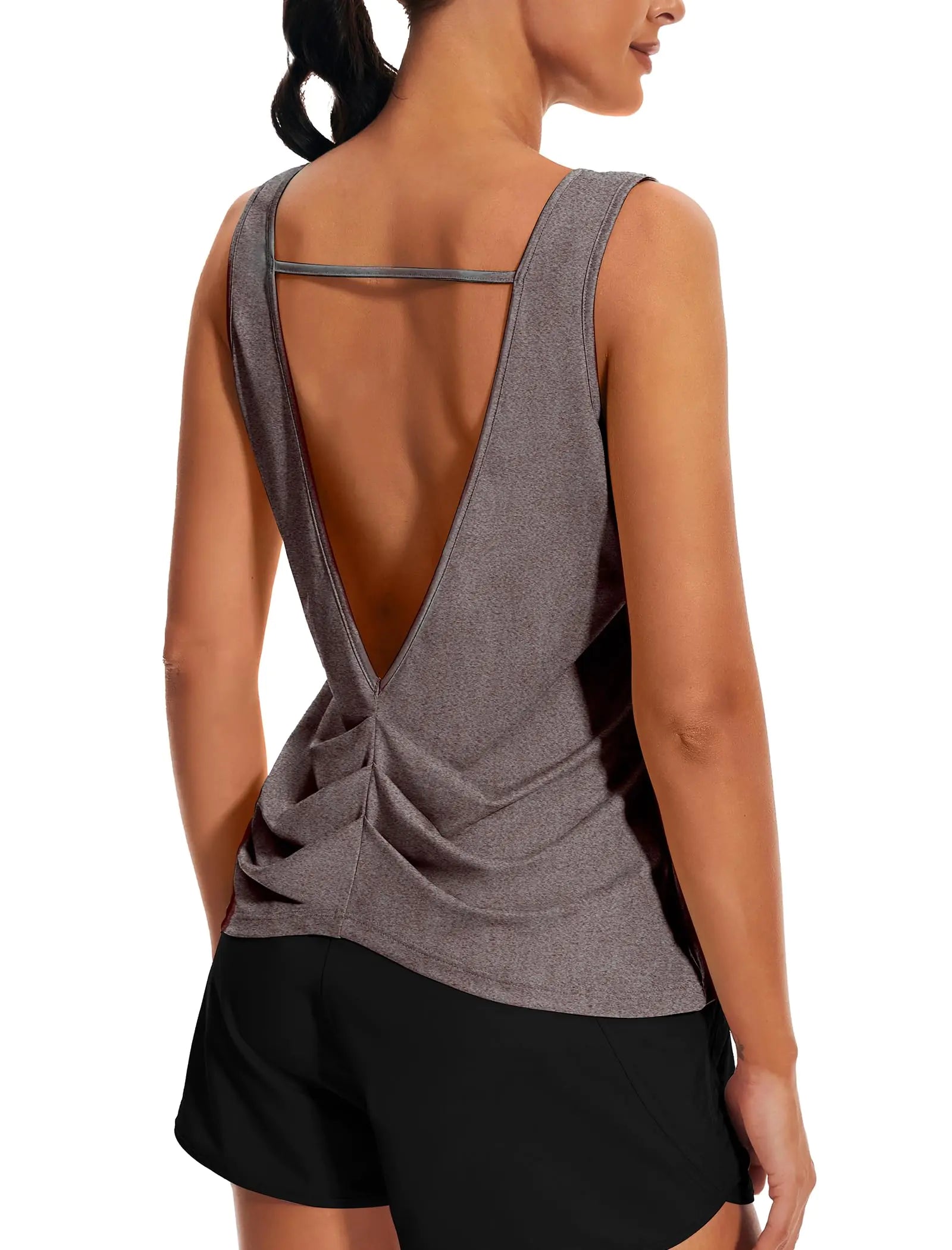 Women’s Open-Back Yoga Tank – Deep V Back Sleeveless Quick-Dry Workout Top (Grey XXL)