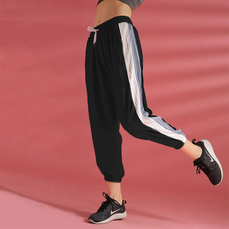 Women’s Color-Block Ruffled Sports Pants – Breathable Loose-Fit Yoga & Running Joggers with Elastic Ankle Cuffs